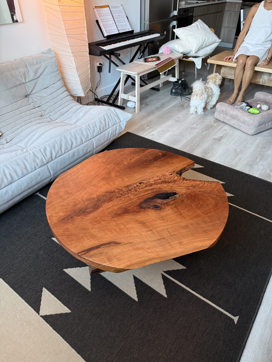 Angled trestle coffee table in a living room